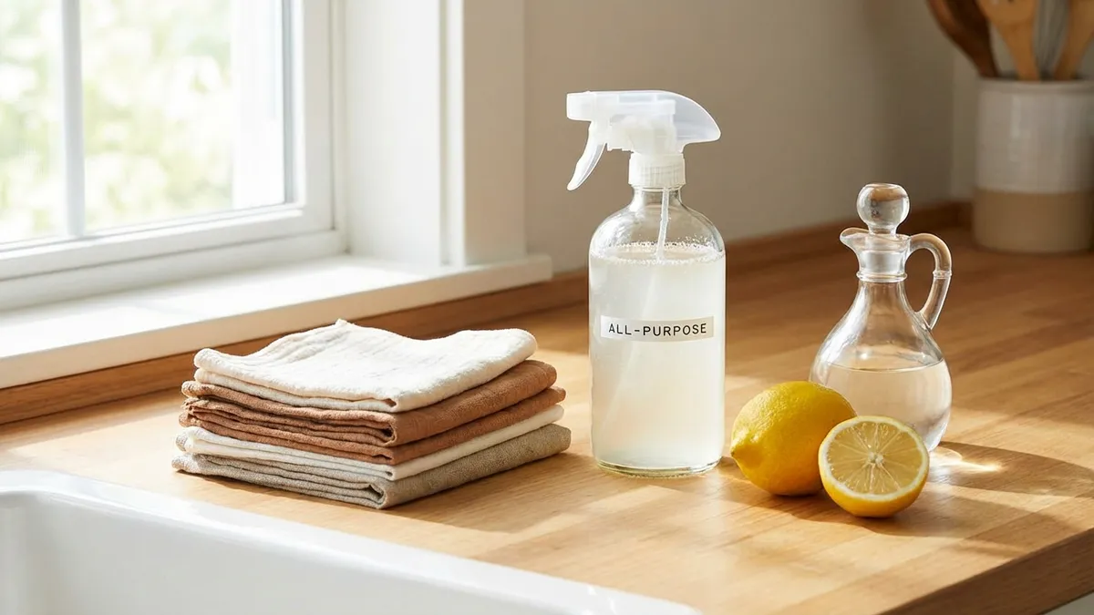 Non-toxic alternative to Lysol: plant-based cleaning spray and reusable cloth on a kitchen counter
