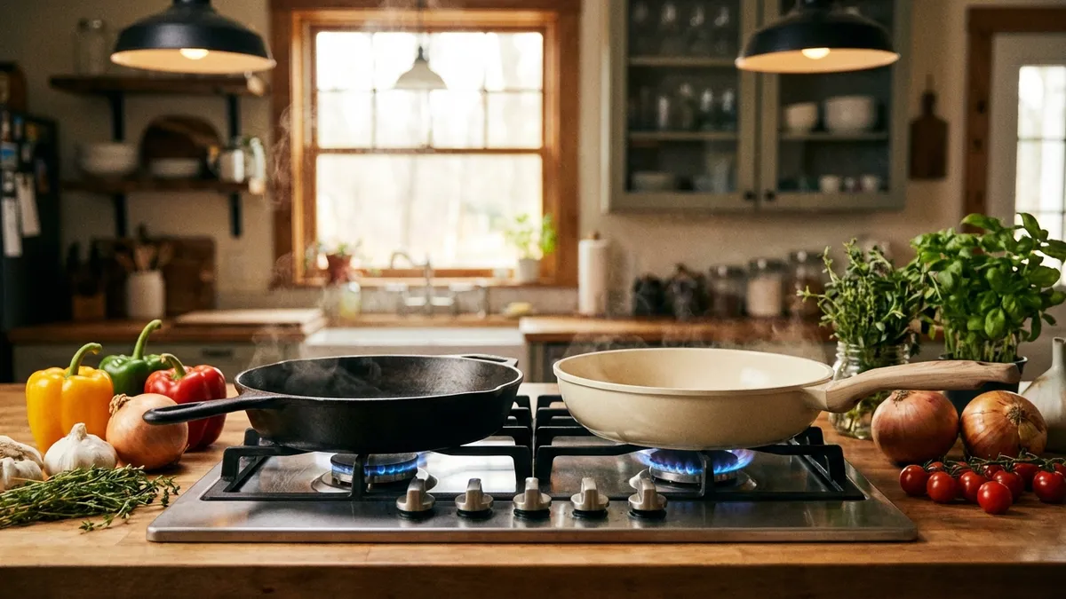 Non-toxic alternative to Teflon: cast iron and ceramic nonstick pans on a kitchen counter with fresh vegetables