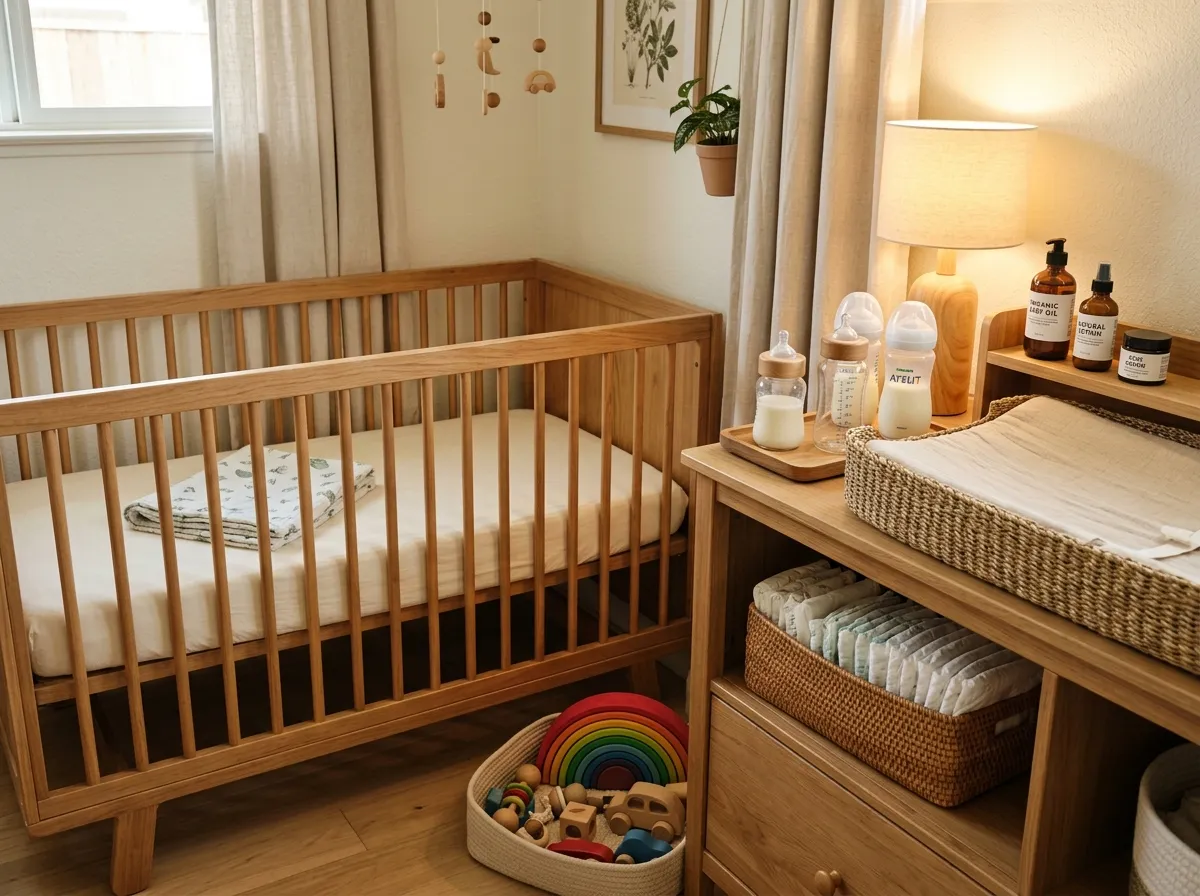 Collection of non-toxic baby products arranged on a nursery changing table