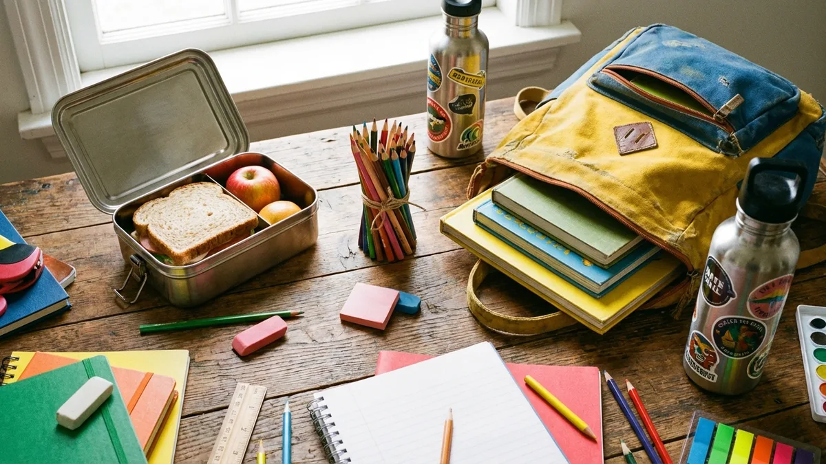 Non-toxic back-to-school essentials: stainless steel lunch box, colored pencils, and a reusable water bottle