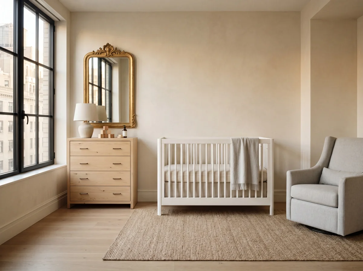 Non-toxic nursery bedroom furniture including a crib, dresser, and glider in a softly lit nursery room