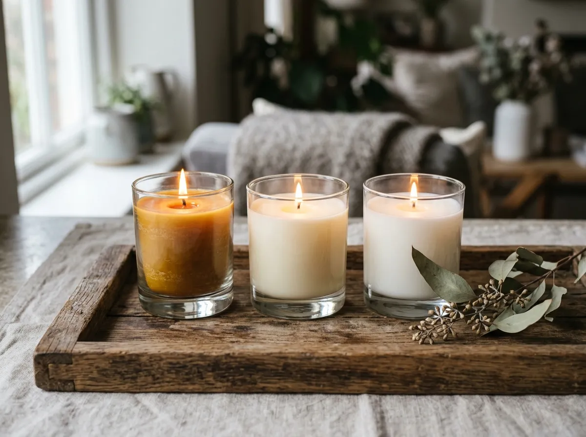Hand-poured natural soy and beeswax candles on a wooden table