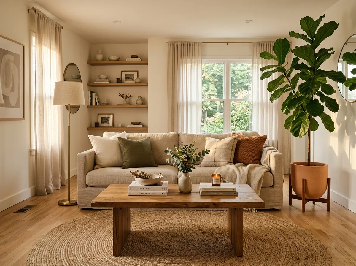 Non-toxic furniture brands shown in a living room with natural linen sofa, solid wood table, and jute rug