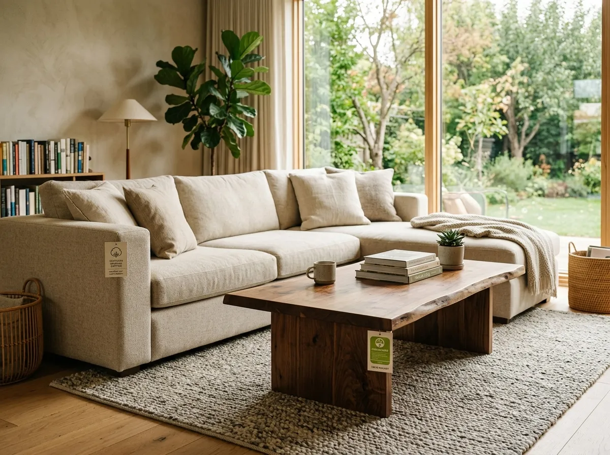 Modern living room with non-toxic furniture including a natural fabric sofa and solid wood table