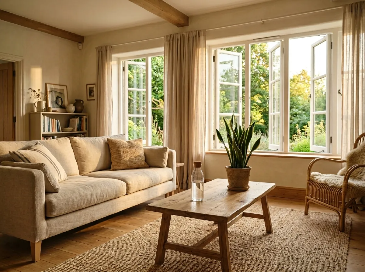 Complete guide to non-toxic living shown across a home with natural materials and clean design