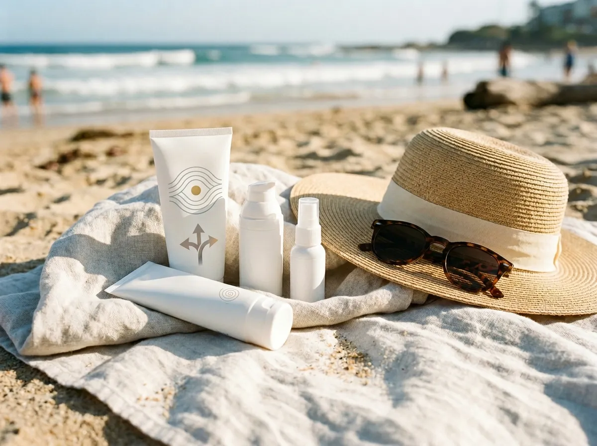 Non-toxic mineral sunscreen bottles and tubes on a beach towel