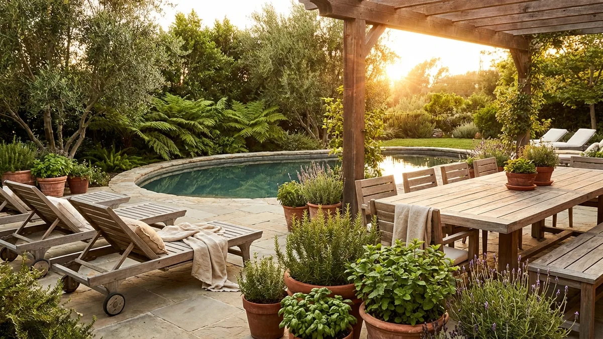 Non-toxic outdoor living guide: backyard garden with natural patio furniture and organic garden beds