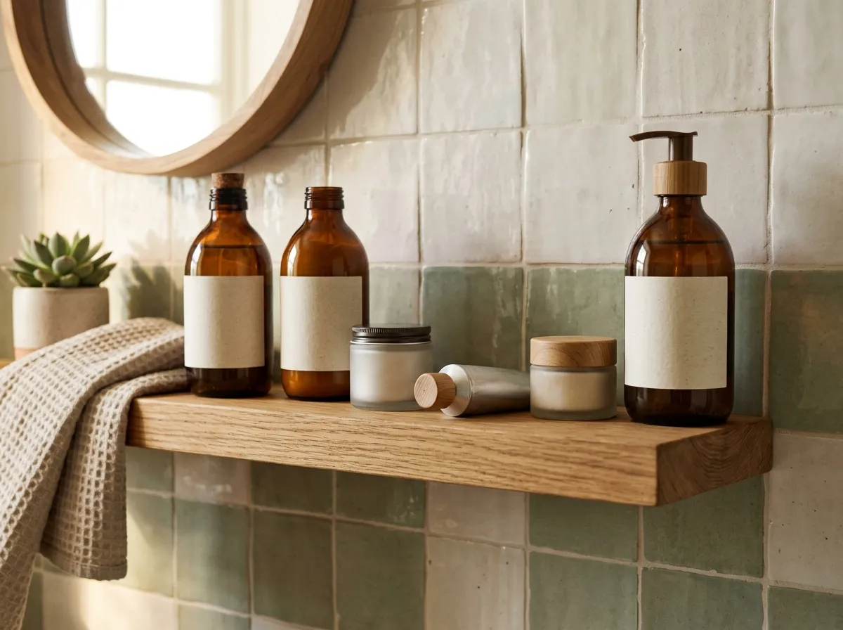 Non-toxic personal care products arranged on a bathroom shelf