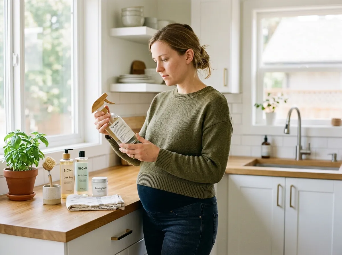 Non-toxic pregnancy guide: pregnant woman reading product labels in a clean nursery