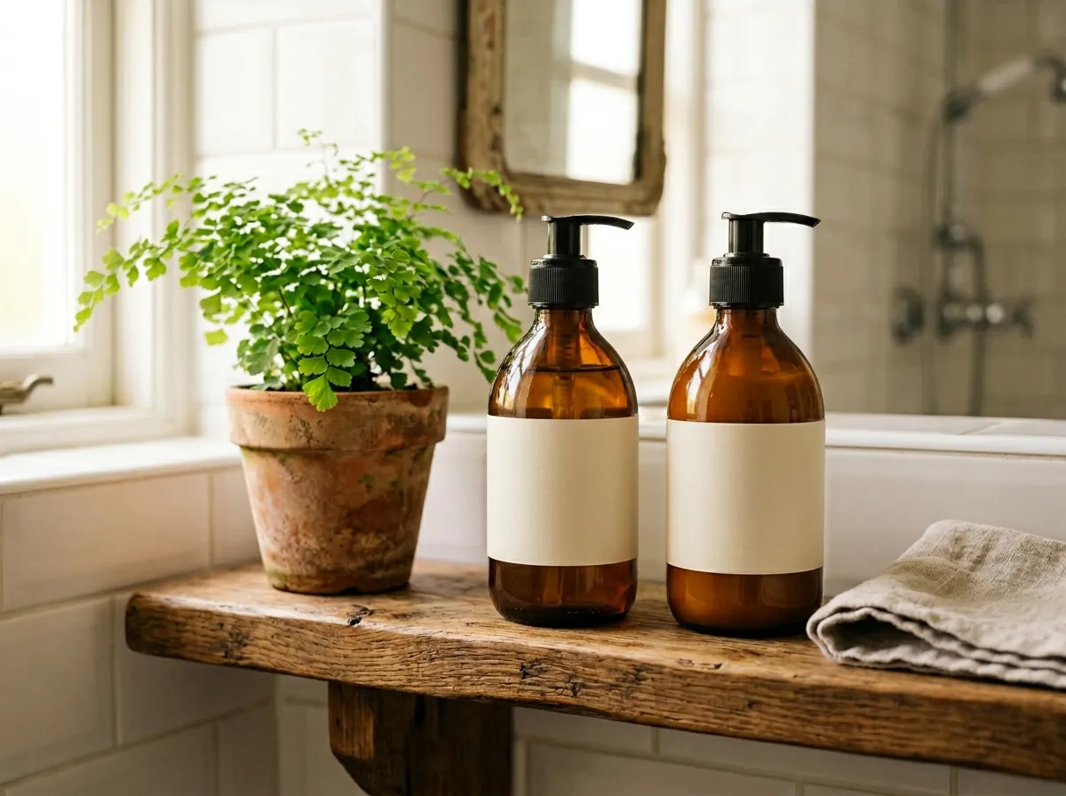 Non-toxic shampoo bottles on a bathroom shelf
