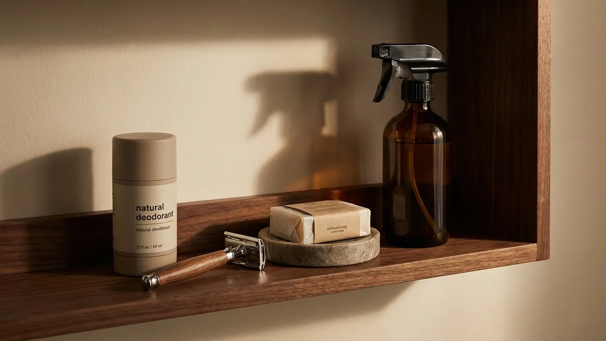 Non-toxic starter kit for men: stainless steel razor, glass spray bottle, and cast iron skillet on a wooden surface