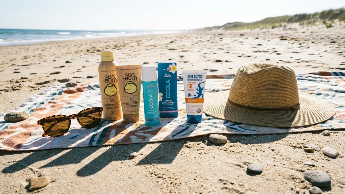 Non-toxic summer essentials: mineral sunscreen tube and natural bug spray next to sunglasses on a beach towel