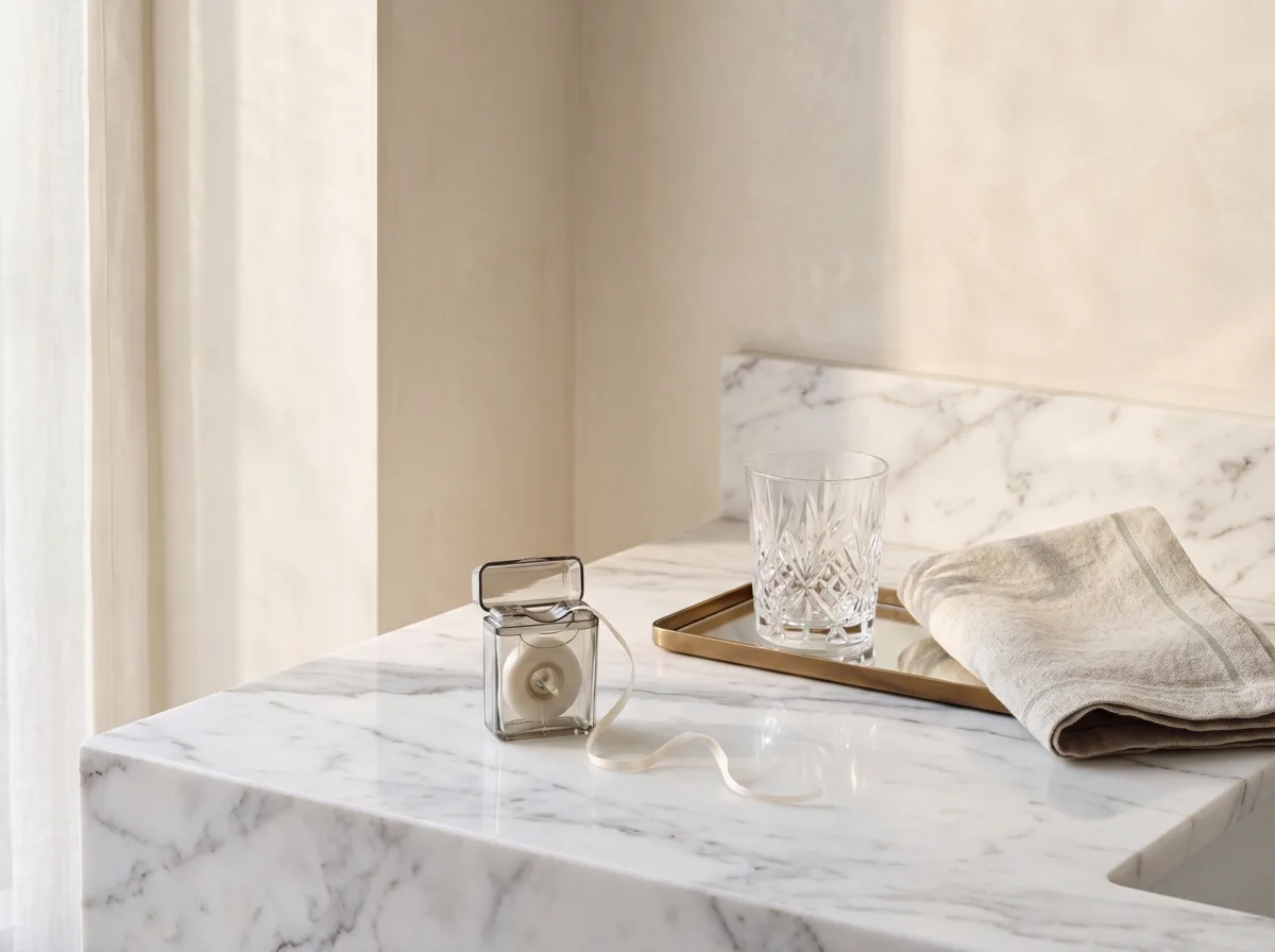 Open dental floss container on a marble bathroom counter, editorial still life