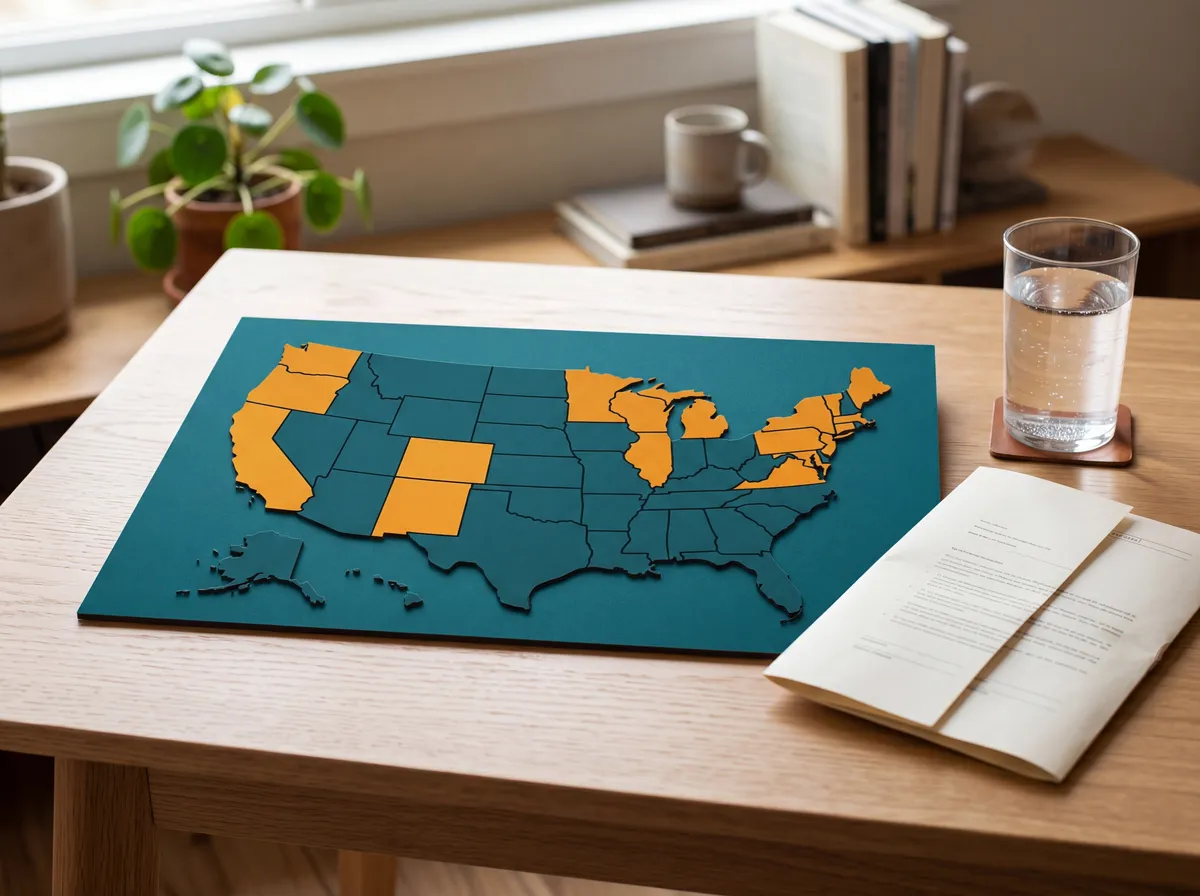 Stylized minimalist map of the United States with highlighted states for PFAS legislation