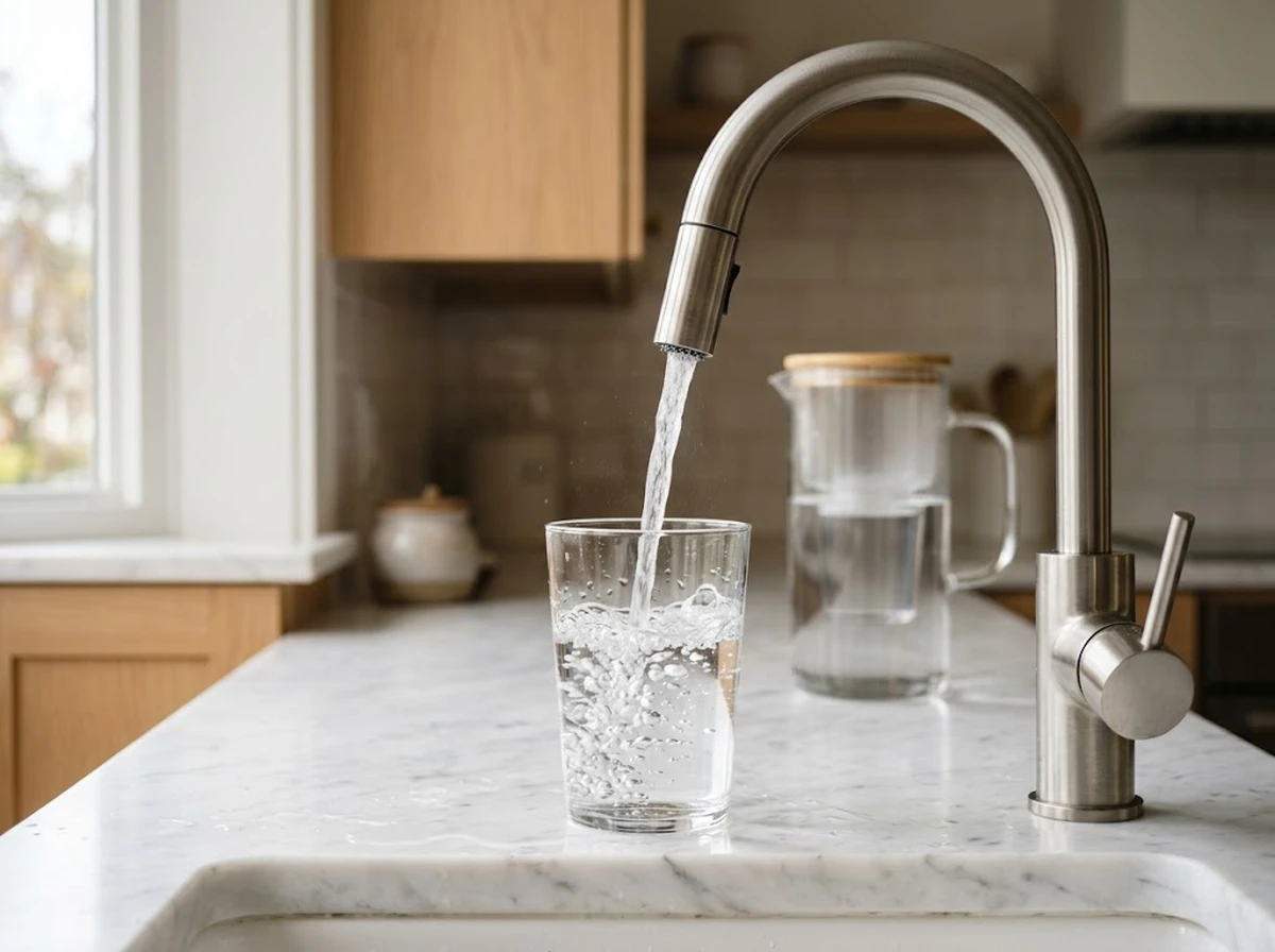 Glass of tap water held up to light in a kitchen window with a water filter pitcher visible in the background
