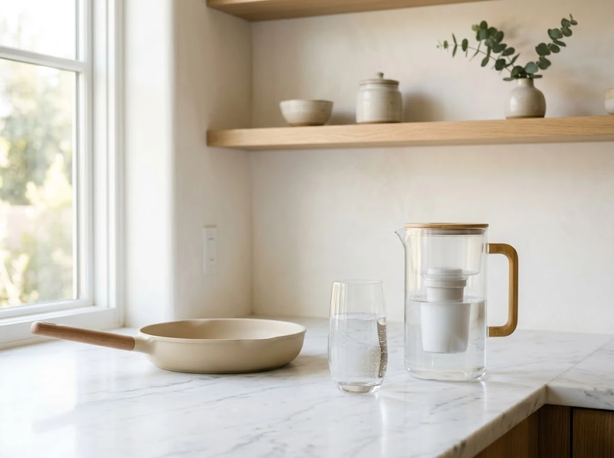 Close-up of a glass of water next to a non-toxic ceramic cookware pan on a kitchen counter, representing PFAS exposure sources