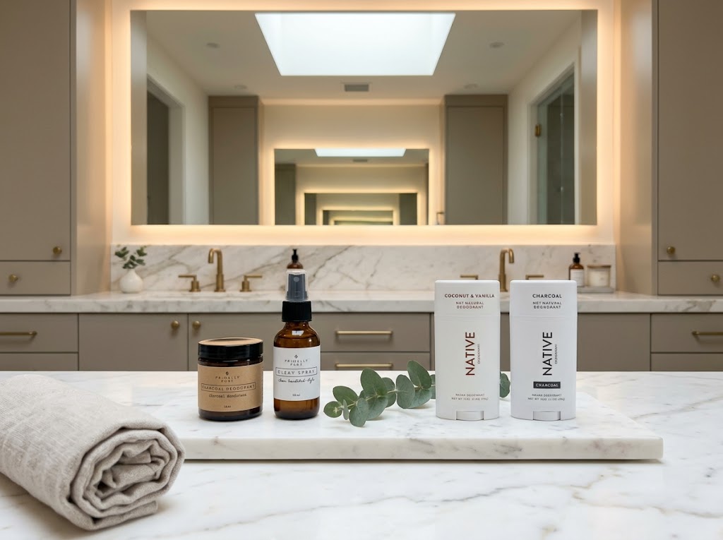 Primally Pure charcoal deodorant and Native deodorant sticks arranged on a white marble vanity shelf in a luxury bathroom
