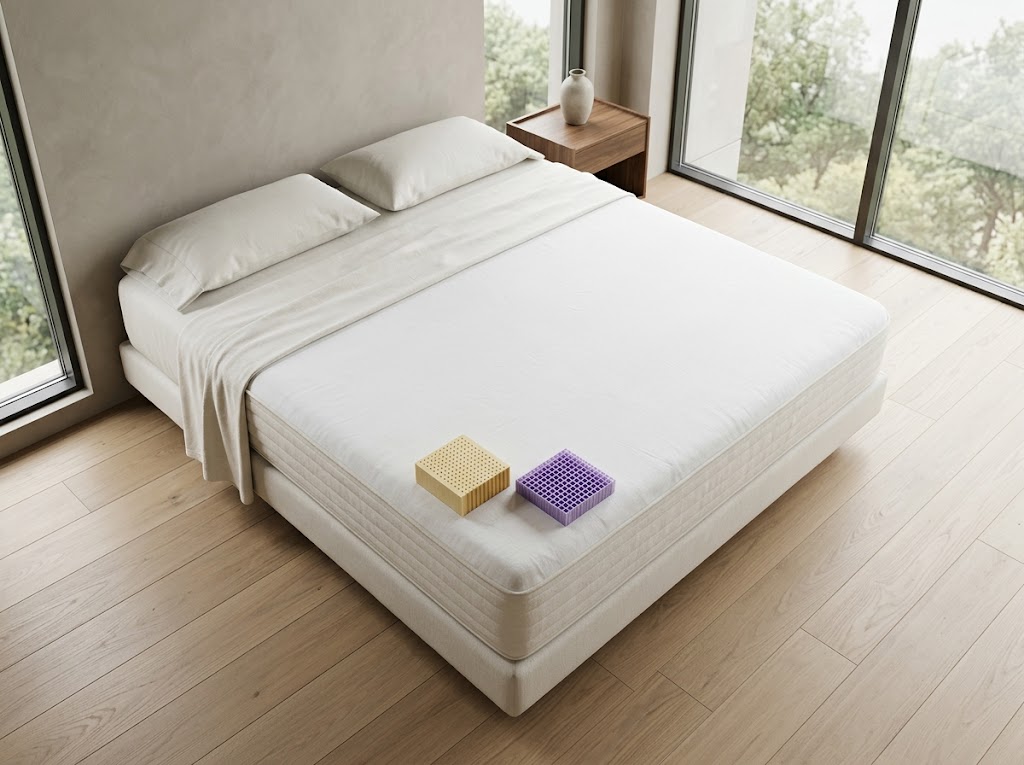 Purple vs Avocado mattress comparison showing a structured grid layer beside organic latex and cotton layers