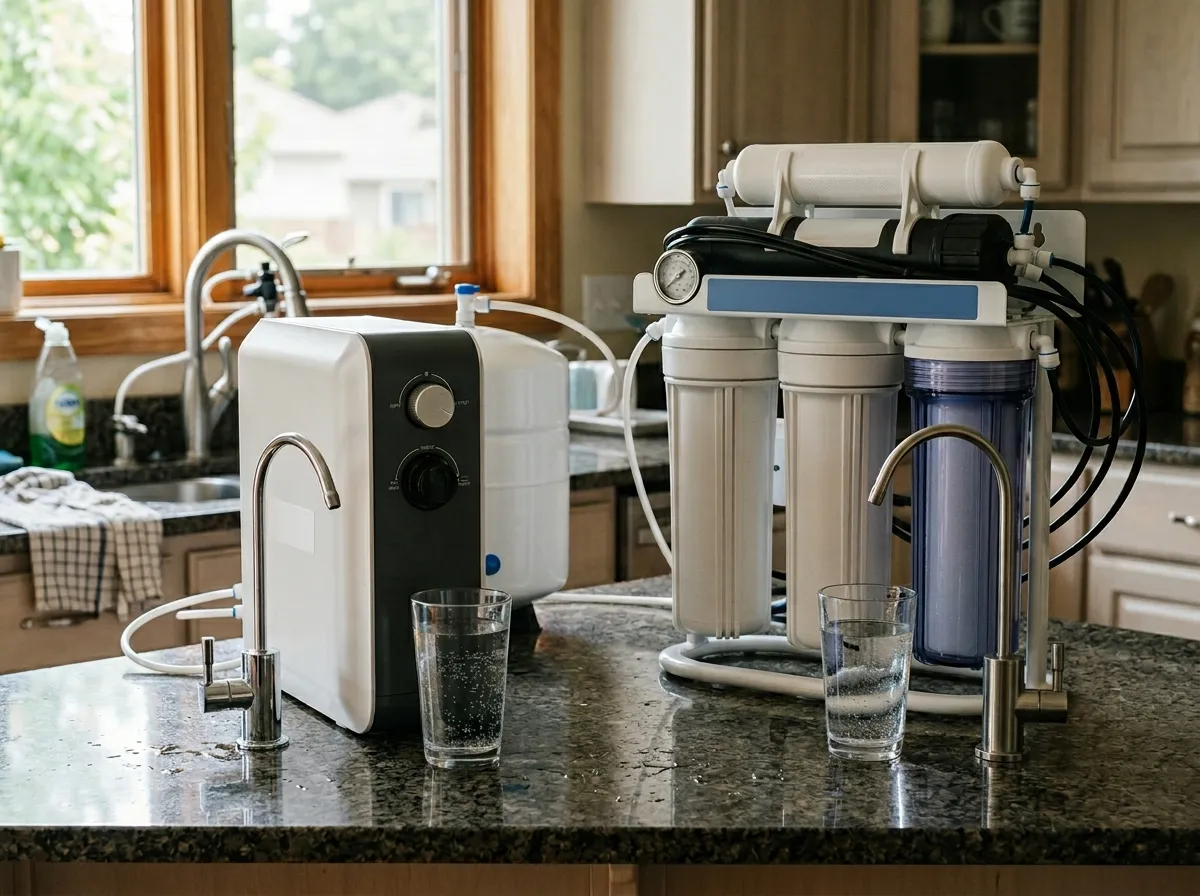 iSpring vs AquaTru: whole house water filter system next to a countertop reverse osmosis unit