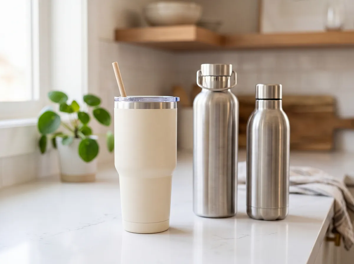 Generic insulated stainless steel tumblers in cream color on a clean kitchen counter