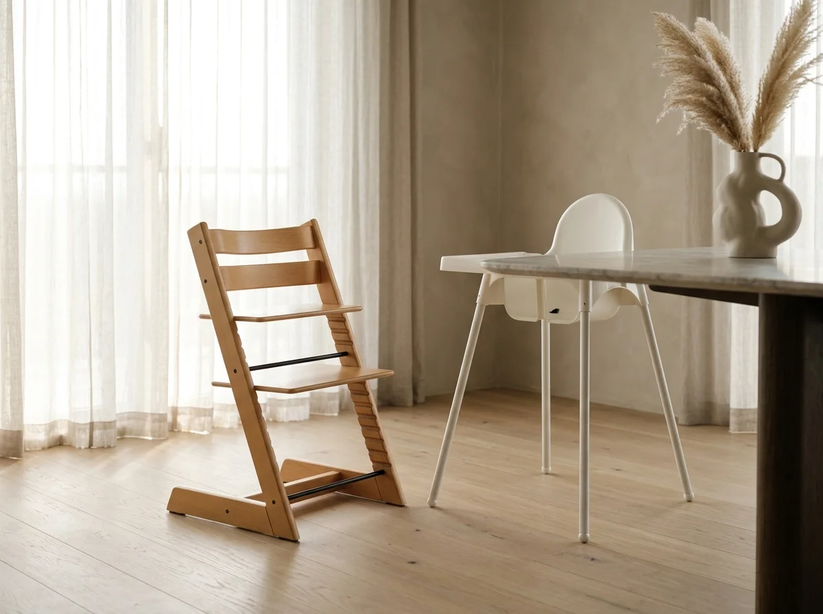 Stokke Tripp Trapp natural wood high chair and white IKEA ANTILOP high chair side by side in a bright modern dining room