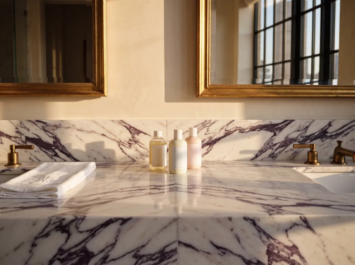 Sulfates in baby shampoo: sulfate-free baby shampoo bottles on a marble bathroom counter