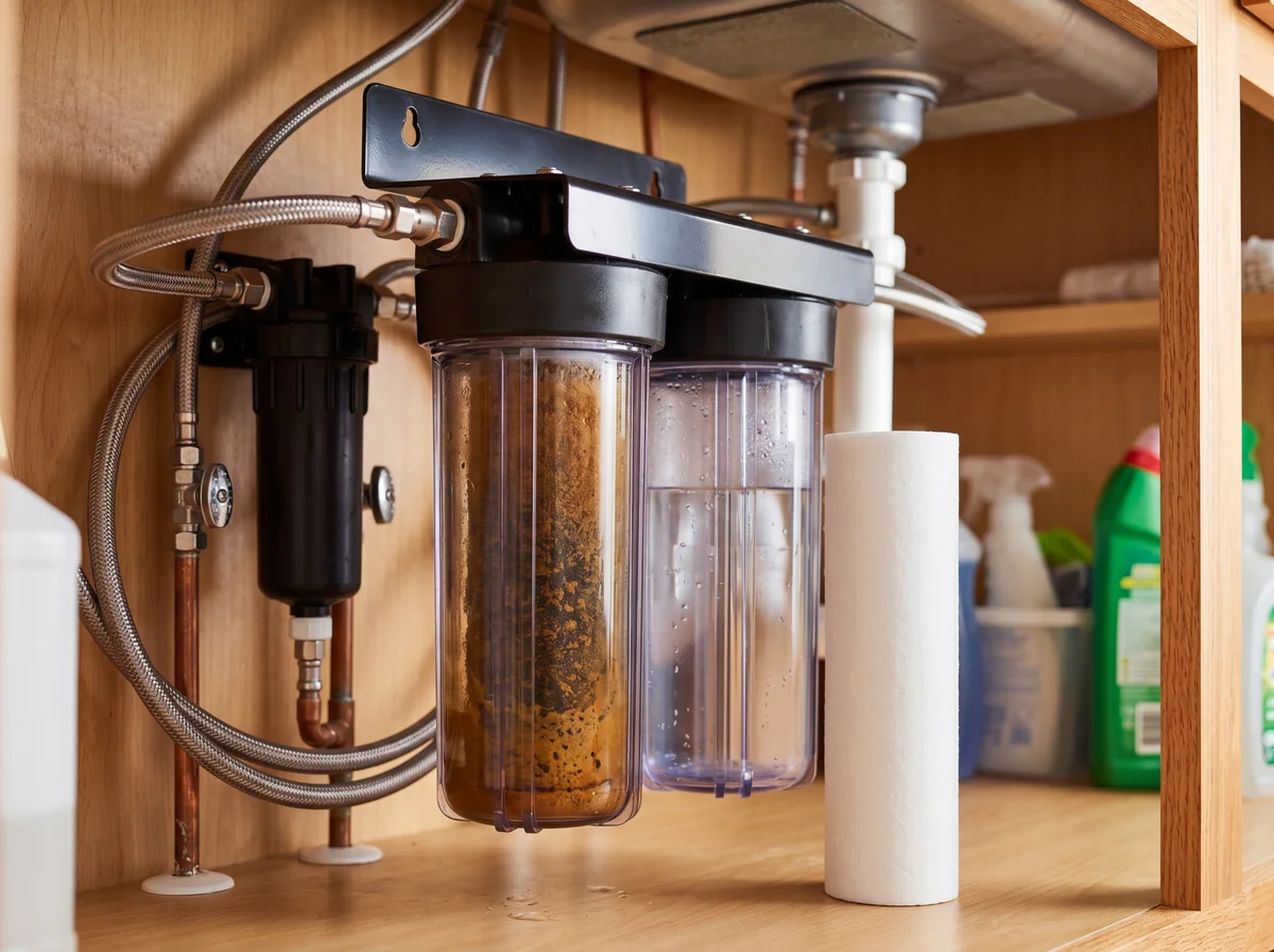 Under-sink water filter housing being serviced with tools on a kitchen counter