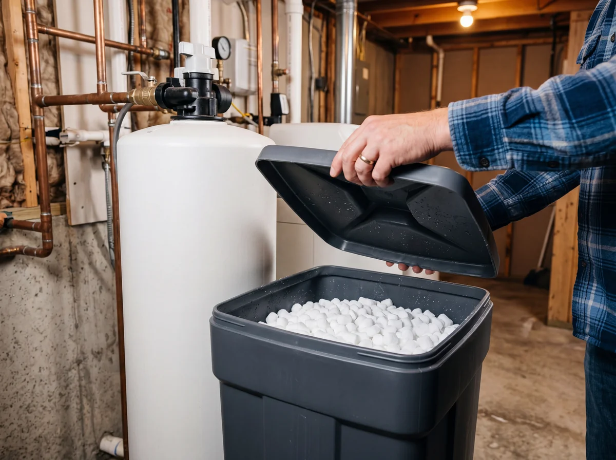 Homeowner pouring rust stain remover powder into the brine well of a water softener salt tank