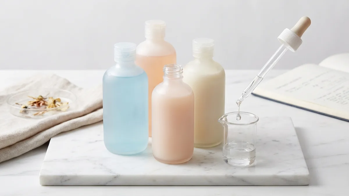 What is 1,4-dioxane: close-up of shampoo bottles and baby wash on a bathroom shelf