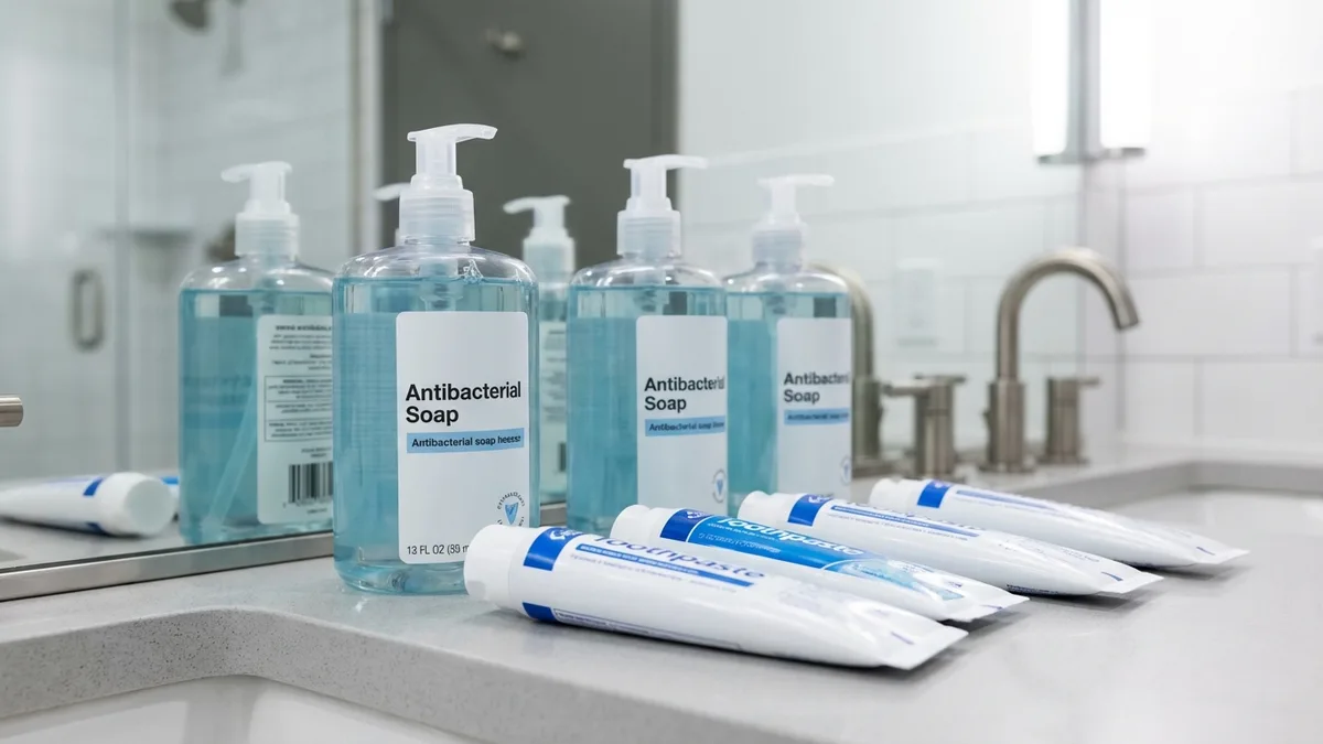 What is triclosan: bathroom counter with toothpaste tube and antibacterial soap bottle