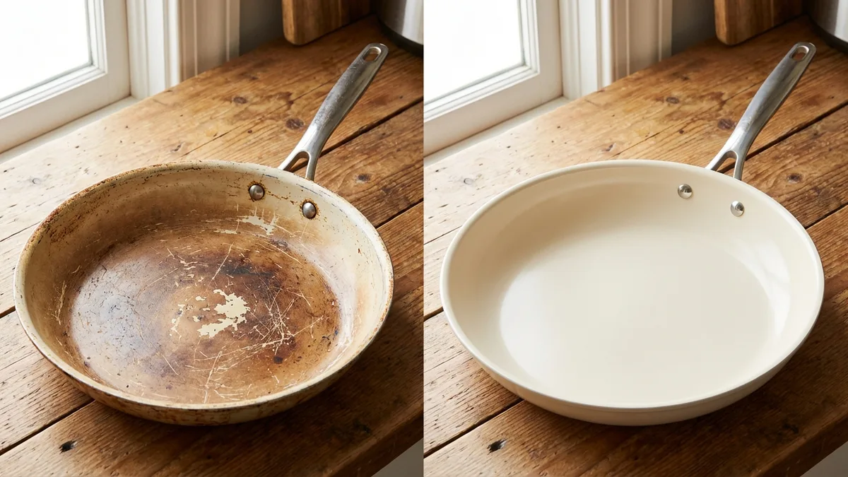 When to replace non-toxic cookware: worn ceramic pan with coating degradation shown next to a new pan