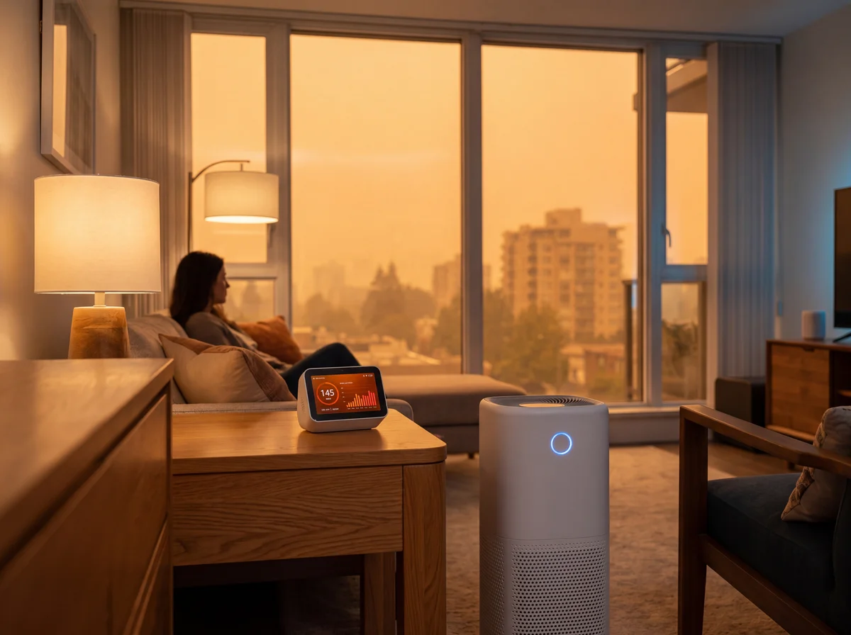 Hazy orange wildfire smoke visible outside a window of a home with a HEPA air purifier running in the foreground