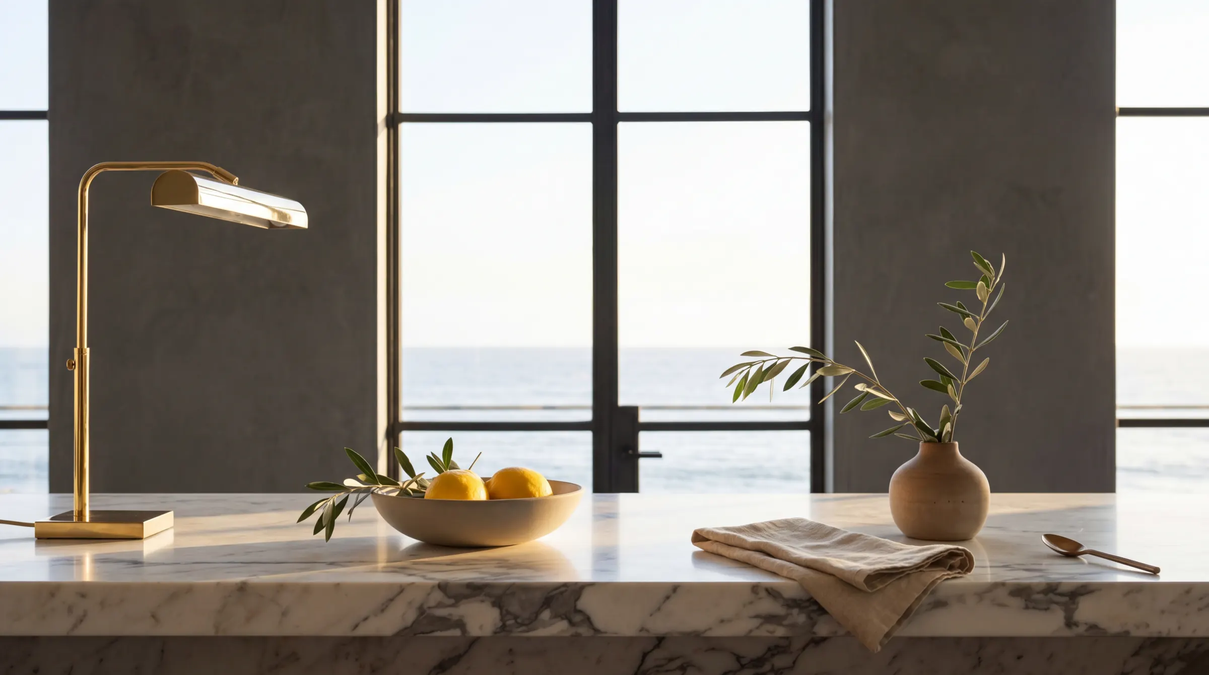 Editorial still life on bookmatched Calacatta marble, golden-hour daylight from floor-to-ceiling ocean-view windows.