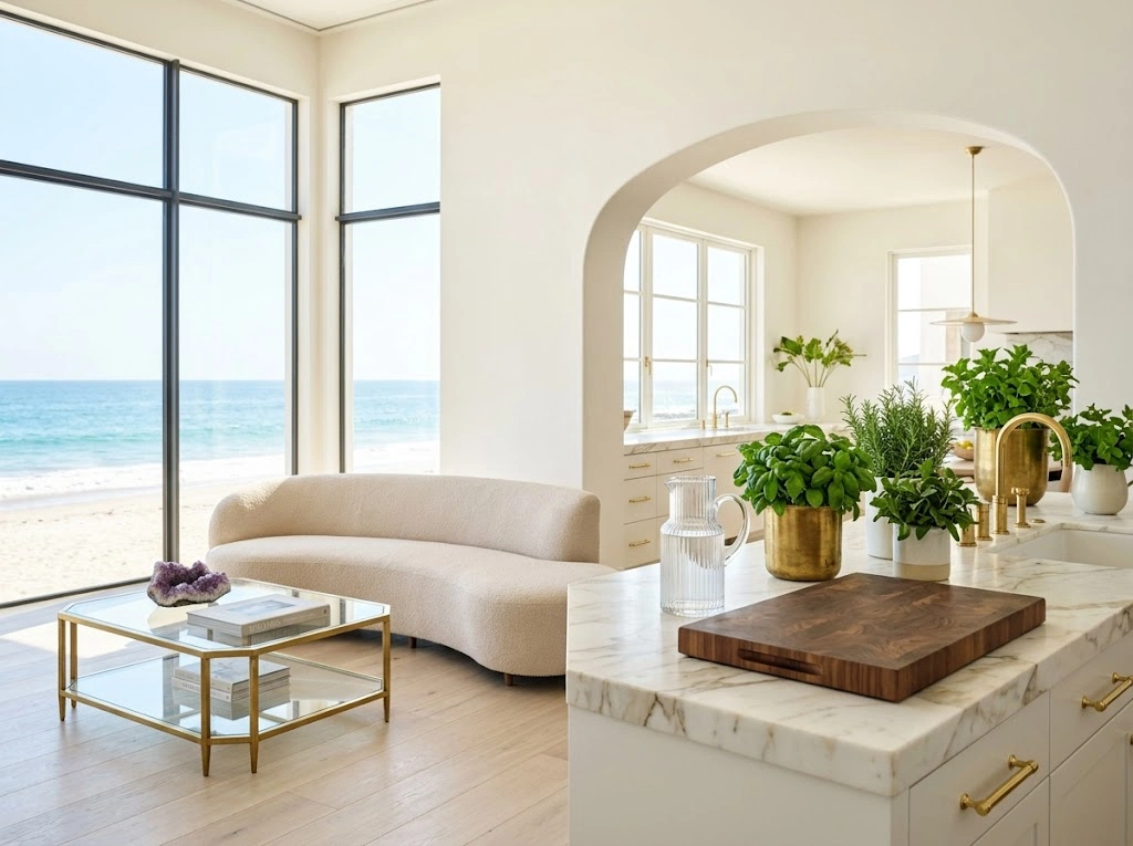 A non-toxic luxury home interior, living room with view through to the kitchen